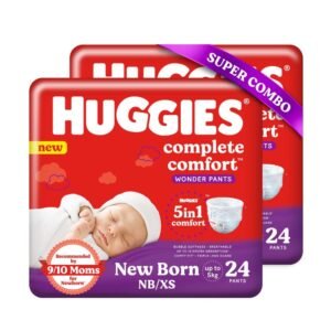 Huggies Complete Comfort Wonder Pants, Extra Small (XS),48 Count, Upto 5 kg Size Baby Diaper Pants, Combo Pack of 2, 24 count Per Pack, (48 count) with 5 in 1 Comfort