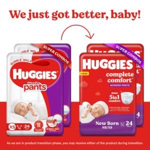Huggies Complete Comfort Wonder Pants, Extra Small (XS),48 Count, Upto 5 kg Size Baby Diaper Pants, Combo Pack of 2, 24 count Per Pack, (48 count) with 5 in 1 Comfort