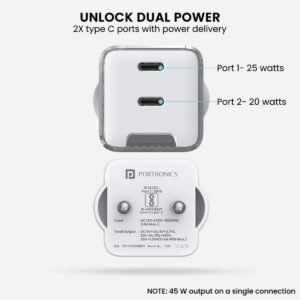 Portronics Adapto 4 Dual Ports High Power PD Charger with 45W Max Output, Intelligent Protection Chip, 1.2M Charging Cable,