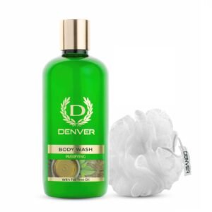DENVER Purifying Body Wash with Tea Tree Oil - 325ML With Premium Loofah | Soap Free formula - Deep Cleansing Bath Gel Cleanser