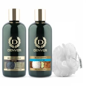 DENVER Hydrating Body Wash With Sea Minerals + Detox Activated Charcoal Body Wash - 325ML Each (Combo Pack of 2) with Loofah -
