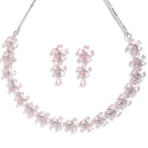 Rhodium Plated Silver Toned White American Diamond Studded Flower Shaped Jewellery Set For Girls and Women