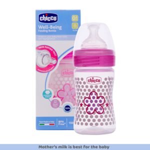 Chicco Well-Being 150 ml Feeding Bottle, Advanced Anti-Colic System, BPA Free, Hygienic Silicone Teat (Pink)