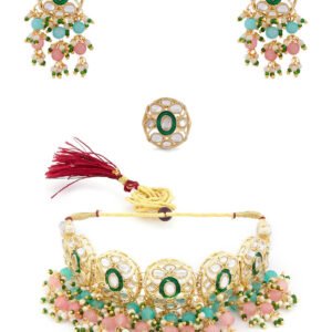 ZAVERI PEARLS Pink & Green Beads Cluster Drops Kundan Choker Necklace Earring & Ring Set For Women-ZPFK13800