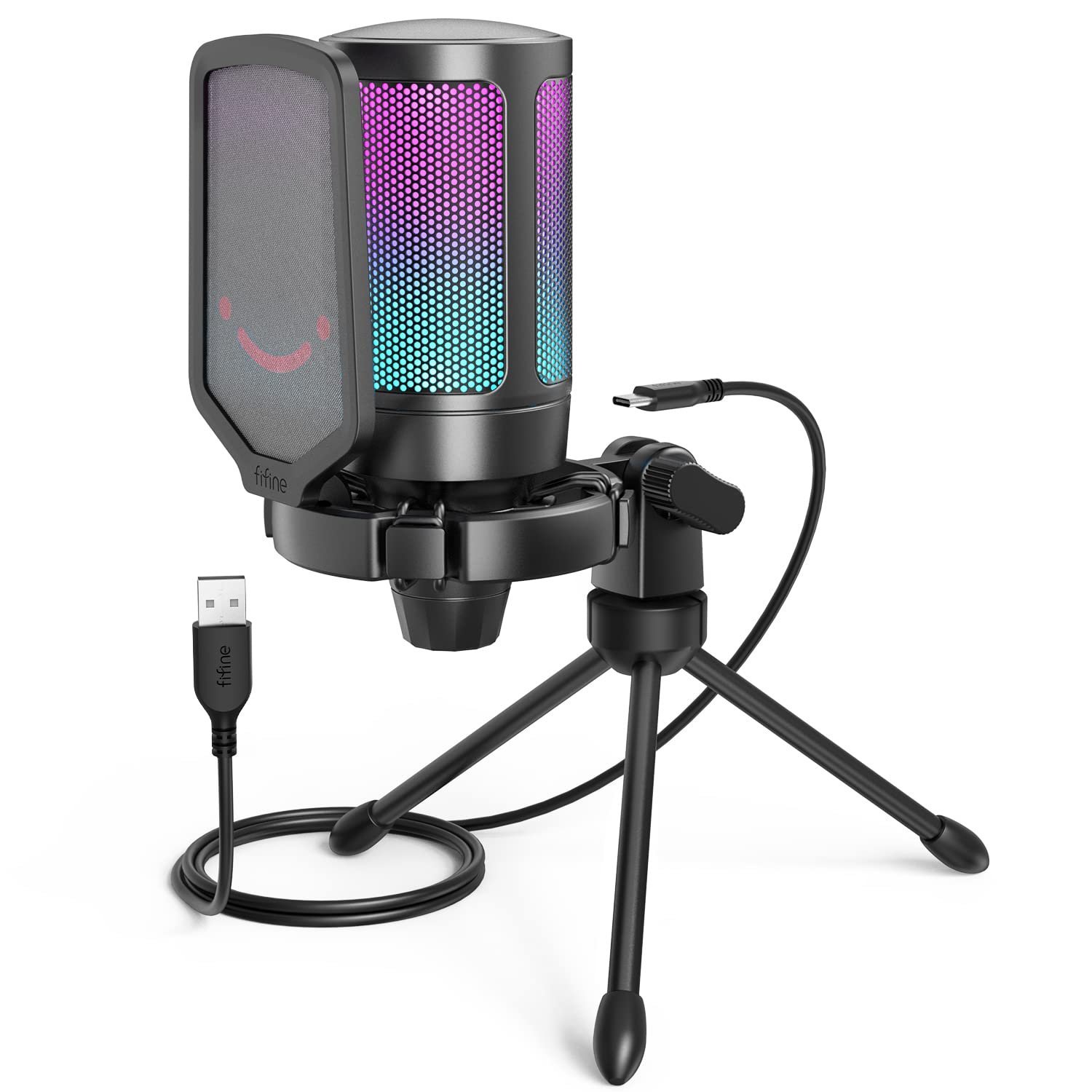 Gaming USB Microphone for PC PS5, FIFINE Condenser Mic with Quick Mute, RGB Indicator, Tripod Stand, Pop Filter, Shock Mount,
