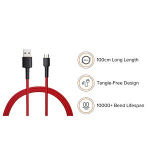 MI Micro USB 100cm Braided Cable Red Micro USB/type B|Tangle free |Sturdy built with kevlar protection|480Mbps Speed|Supports
