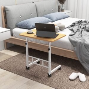 Multi Purpose Laptop Table | Wooden Table with Adjustable Height, Wheels | Tan (40 x 60 x 60 cm)