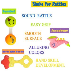 Attractive Plastic Non Toxic Set of 7 Shake & Grab Rattle and 1 Teether BPA Free for New Born and Infants (Pack