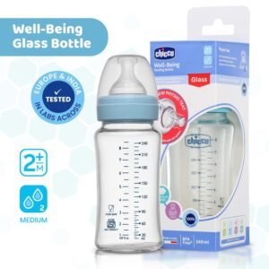 chicco Well-Being Glass Feeding Bottle (240ml, Medium Flow) (Blue)