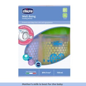 Chicco Well-Being Bipack 150 ml Feeding Bottle, Advanced Anti-Colic System, BPA Free, Hygienic Silicone Teat (Blue & Green)