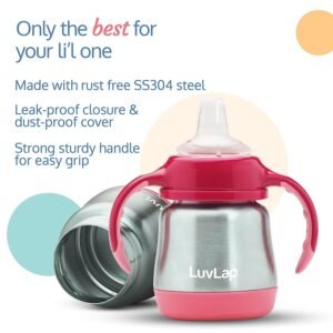 LuvLap 3 in 1 Baby Steel Sipper, Made of Rust Free SS304 Stainless Steel, Ergonomic Handle, Spout & Weighted Straw, Pink, 3M+,