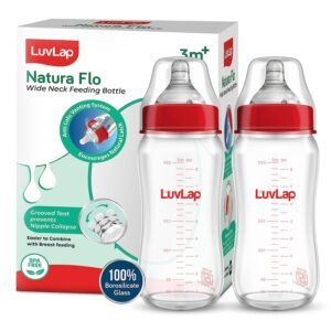 LuvLap Natura Flo Wide Neck Glass Feeding Bottle, New Born/Infants/Toddler Upto 3 Years, BPA Free, Ergonomic Shape is Easy to