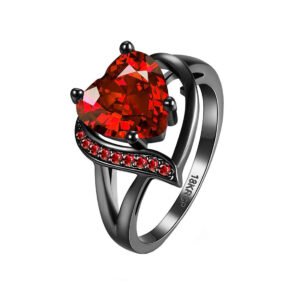 Love Red Heart Crystal Black Gun Plated Ring for Women (Red)
