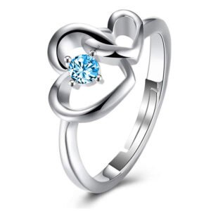 Cz Jewellery Rhodium Plated Heart In Heart Adjustable Finger Ring Decorated With Blue Cz Stone For Girls And Women