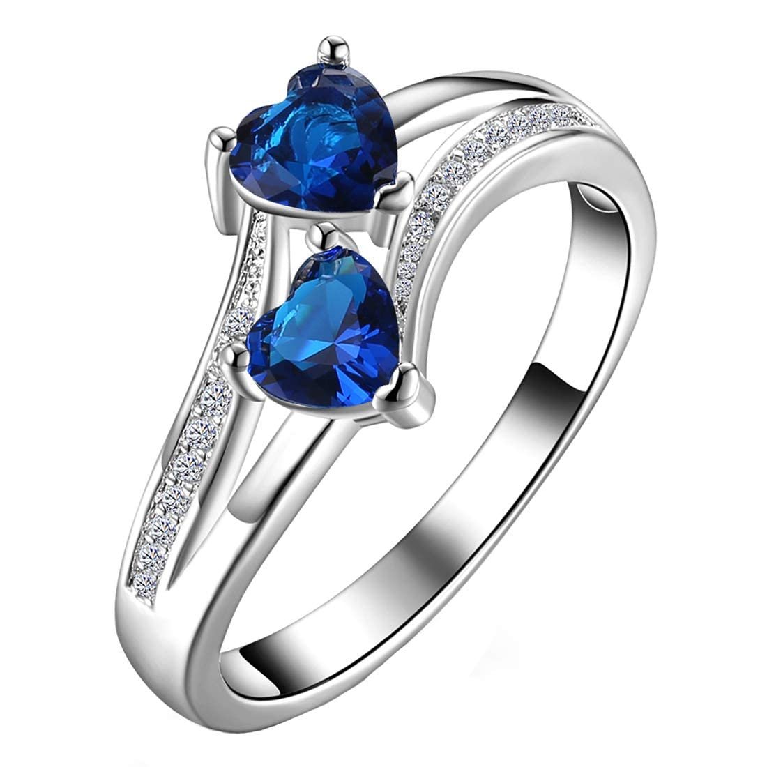 Rings for Women Valentines Special Dual Heart Ring Silver Plated Blue Crystal Ring for Women and Girls.