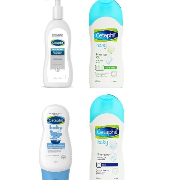Cetaphil Baby Massage Oil, 200ml and Cetaphil Baby Shampoo, 200ml | Restoraderm Skin Restoring Body Wash, 295 Ml | Shampoo & Wash, White, Chamomile, 230 ml (Pack Of 4)