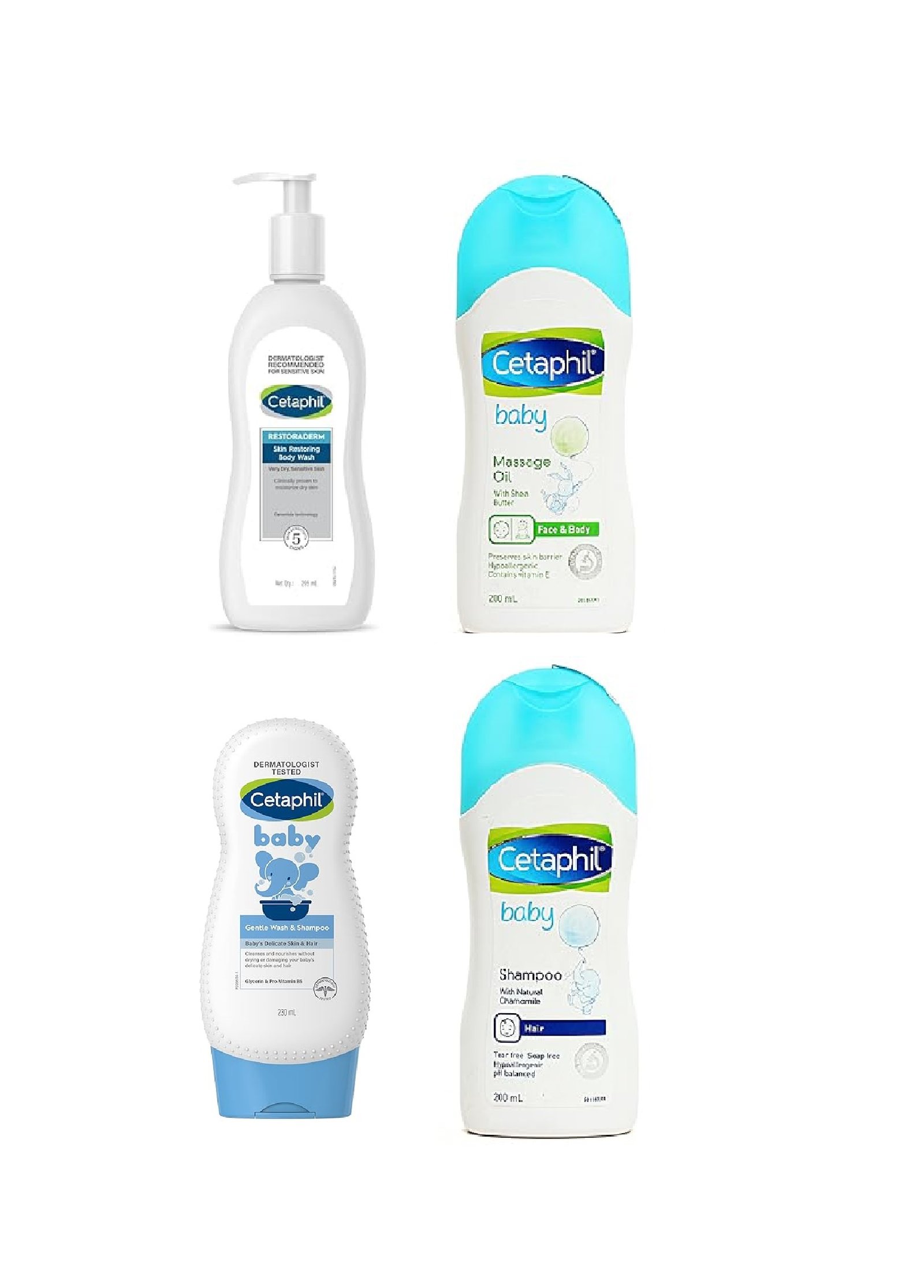 Cetaphil Baby Massage Oil, 200ml and Cetaphil Baby Shampoo, 200ml | Restoraderm Skin Restoring Body Wash, 295 Ml | Shampoo & Wash, White, Chamomile, 230 ml (Pack Of 4) Cetaphil Baby Massage Oil, 200ml and Cetaphil Baby Shampoo, 200ml | Restoraderm Skin Restoring Body Wash, 295 Ml | Shampoo & Wash, White, Chamomile, 230 ml (Pack Of 4)