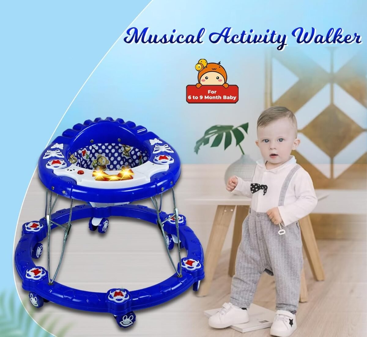 Walker Baby 6-18months Boy Foldable Baby Walker with Cushioned & Comfortable Seat & Musical Toy Tray, Suitable for Boys & Girls (Blue)