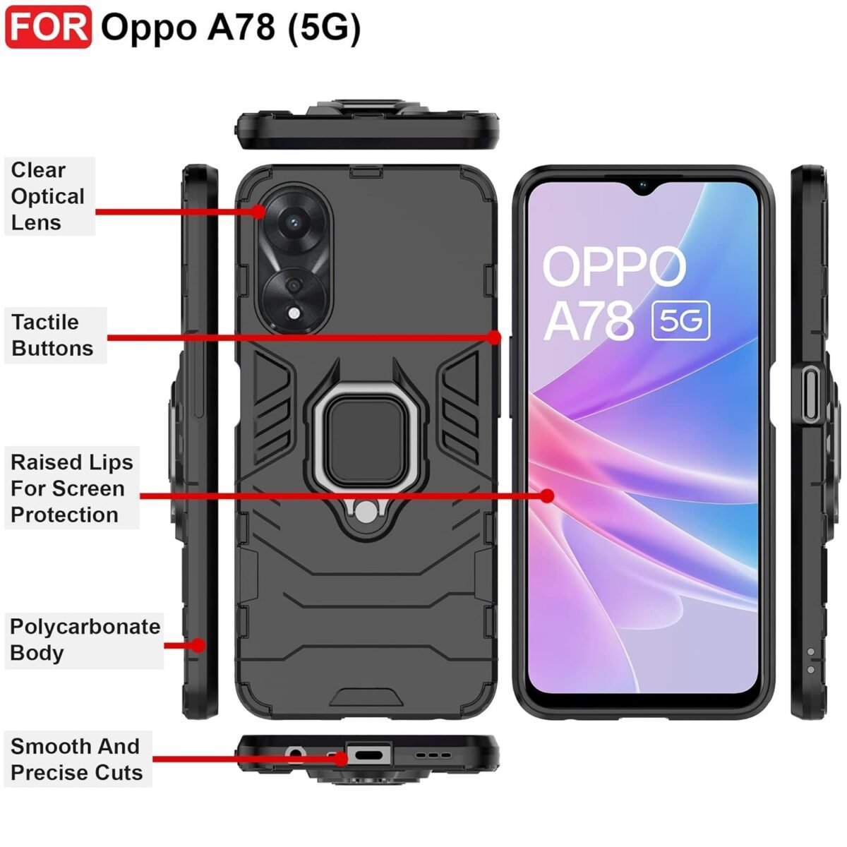 Plastic Oppo A78 (5G) Defender Case | Rotating Ring Holder & Kickstand In-Built | Military Grade Armor | Bumper Back Cover