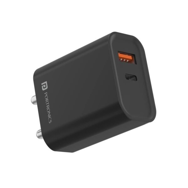 Portronics Adapto 45 20W Mobile Charger Adapter with Dual Port (USB A + PD Type C), Fast Charging, Short Circuit Protection,