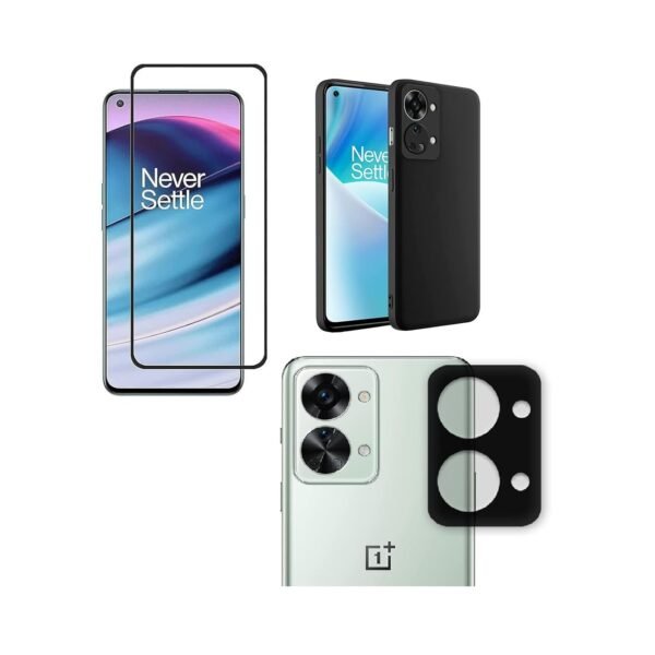 OnePlus Nord 2T 5G Silicone Back Cover Case Black) |  3-in-1 Combo (Tempered Glass & Camera Lens)