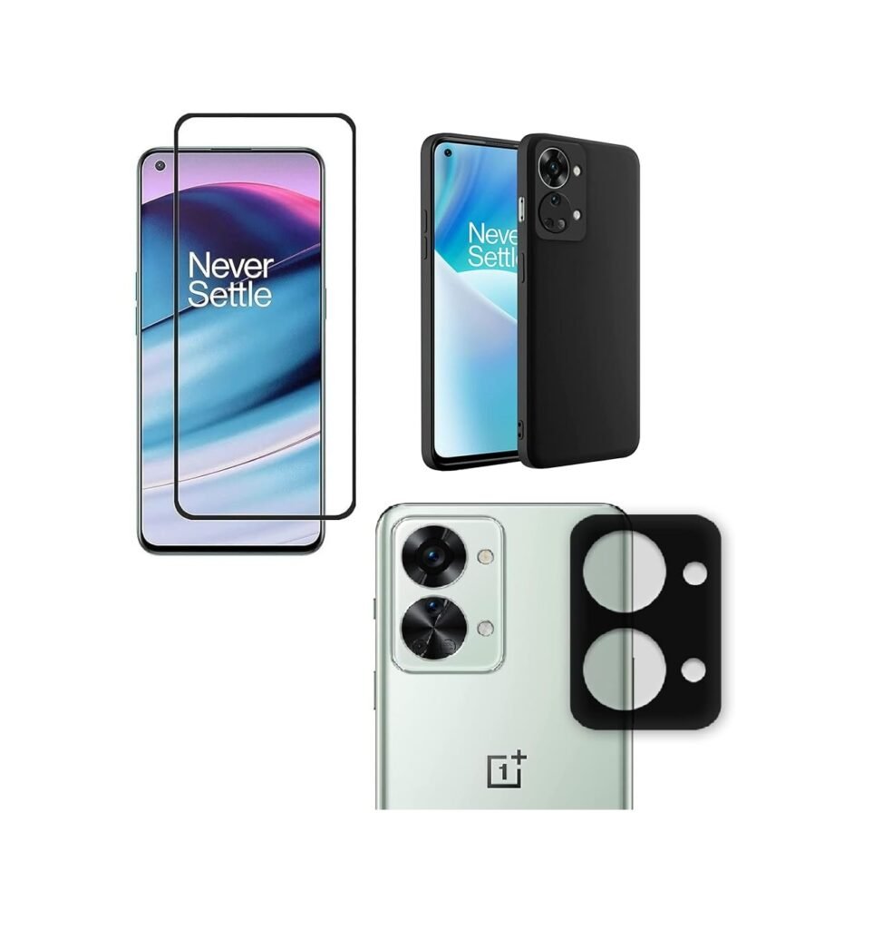 OnePlus Nord 2T 5G Silicone Back Cover Case Black) |  3-in-1 Combo (Tempered Glass & Camera Lens)