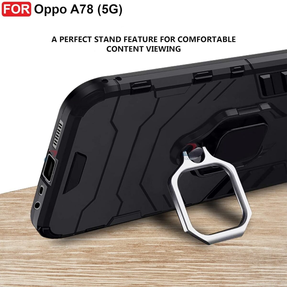 Plastic Oppo A78 (5G) Defender Case | Rotating Ring Holder & Kickstand In-Built | Military Grade Armor | Bumper Back Cover