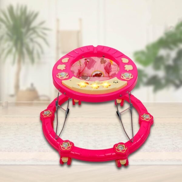 Walker Baby 6-18months Boy Foldable Baby Walker with Cushioned & Comfortable Seat & Musical Toy Tray, Suitable for Boys & Girls (Pink)