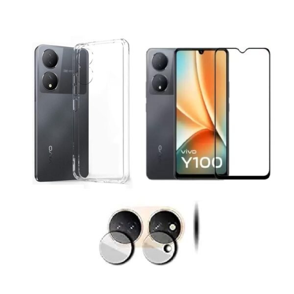 Vivo Y100 5G Transparent Silicone Back Cover | Tempered Glass + Camera Lens Protector Combo Pack
