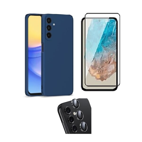 3 in 1 Combo Pack for Samsung Galaxy A15 5G – Silicone Blue Cover (Back Cover + Camera Lens Protector + Tempered Glass)