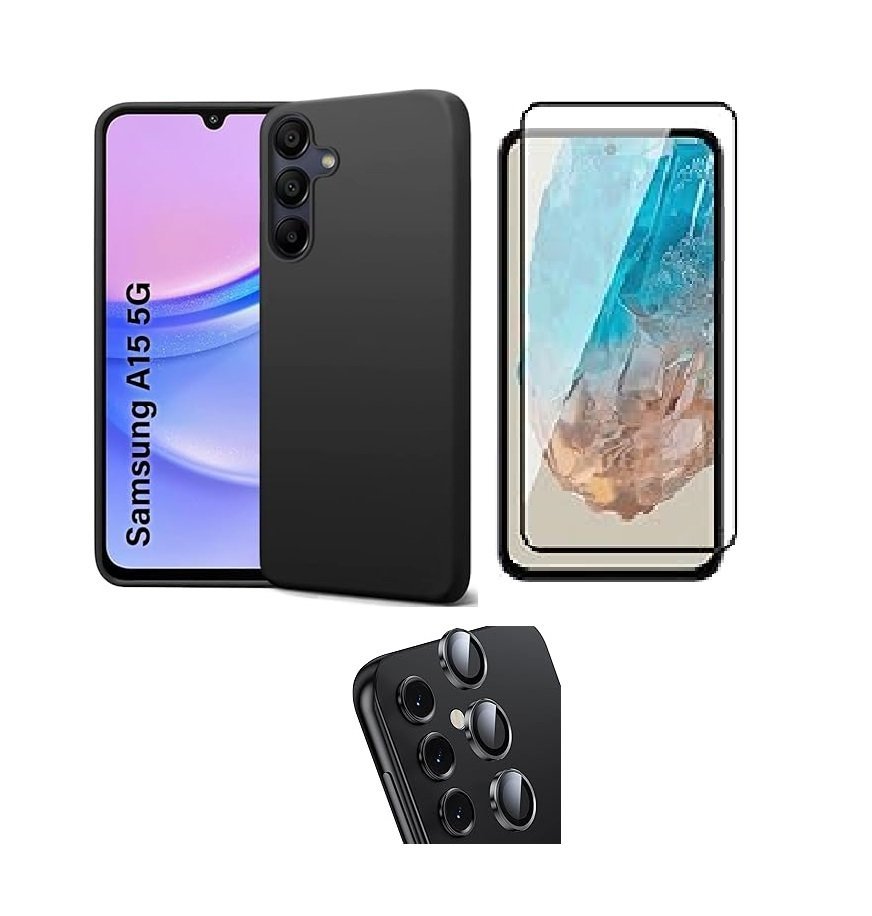3 in 1 Combo Pack for Samsung Galaxy A15 5G – Silicone Black Cover (Back Cover + Camera Lens Protector + Tempered Glass)