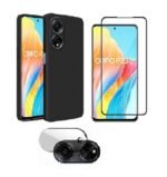 3 in 1 Combo Pack for Oppo F23 5G – Silicone Black (Back Cover + Camera Lens Protector + Tempered Glass)