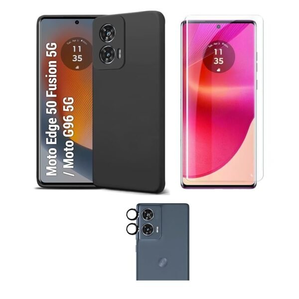 Motorola Edge 50 Fusion 5G Silicone Black Cover Case | Soft Micro-Fibre Lining | + 3-in-1 Combo (Camera Lens & Screen Glass)