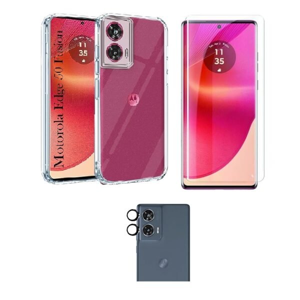 3 in 1 Combo Pack for Motorola Moto Edge 50 Fusion 5G – Transparent Cover (Back Cover + Camera Lens Protector + Tempered Glass)