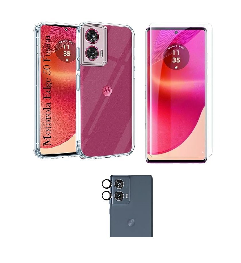 3 in 1 Combo Pack for Motorola Moto Edge 50 Fusion 5G – Transparent Cover (Back Cover + Camera Lens Protector + Tempered Glass)