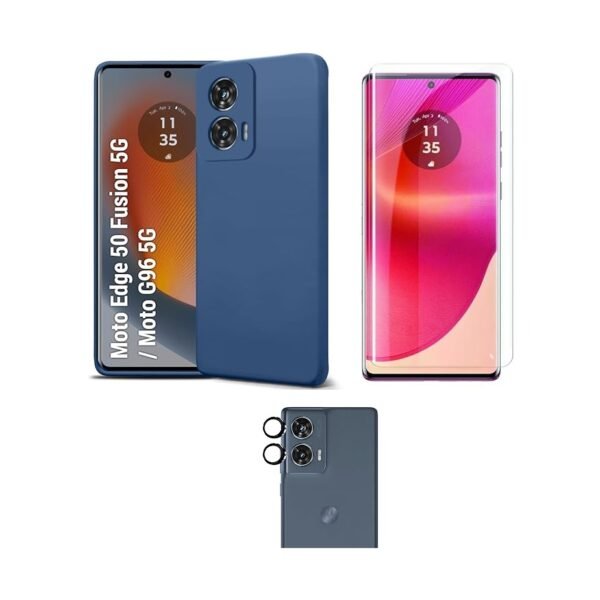 Motorola Edge 50 Fusion 5G Silicone Back Cover Case Blue | 3-in-1 Combo (Camera Lens & Tempered Glass)