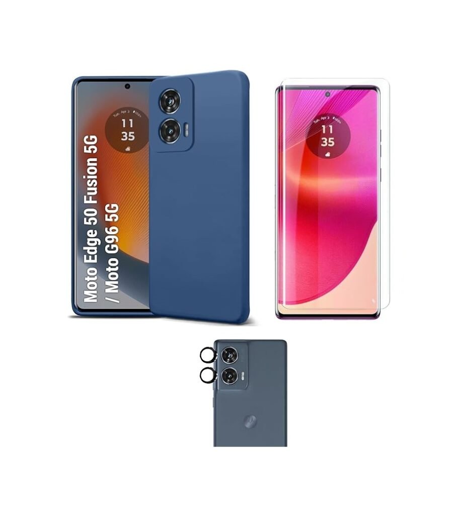 Motorola Edge 50 Fusion 5G Silicone Back Cover Case Blue | 3-in-1 Combo (Camera Lens & Tempered Glass)