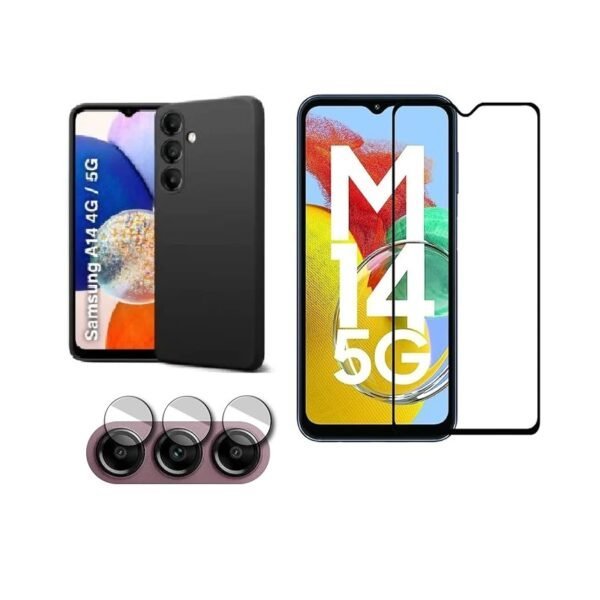 3 in 1 Combo Pack for Samsung Galaxy A14 5G – Silicone Black (Back Cover + Camera Lens Protector + Tempered Glass)