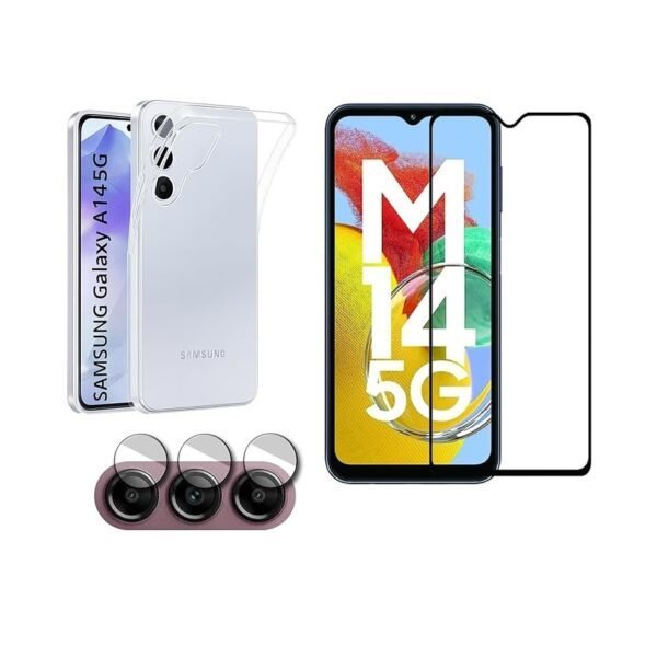 3 in 1 Combo Pack for Samsung Galaxy A14 5G – Transparent Case (Back Cover + Camera Lens Protector + Tempered Glass)