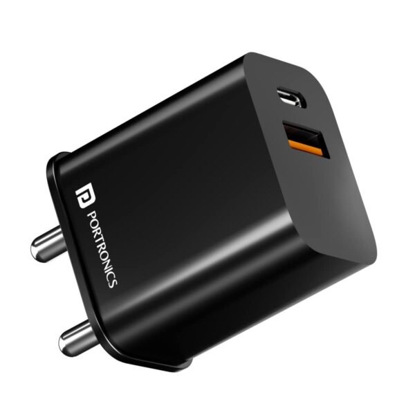 Portronics Adapto 20B 20W PD Charger with Fast Charging, Dual Ports Type C & USB A Ports, Smart Protection Chip, Wide