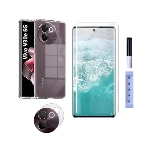 3 in 1 Combo Pack for Vivo V30e 5G – Transparent Cover (Back Cover + Camera Lens Protector + Tempered Glass)