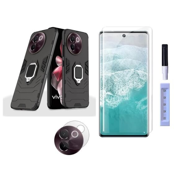3 in 1 Combo Pack for Vivo V30e 5G – D5 Tough Armor Bumper Back Cover - Black (Back Cover + Camera Lens Protector + Tempered Glass)