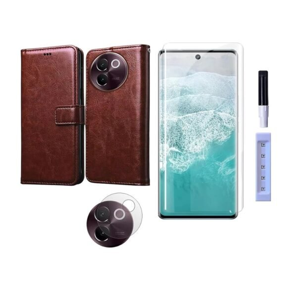 3 in 1 Combo Pack for Vivo V30e 5G – Flip Brown Cover (Back Cover + Camera Lens Protector + Tempered Glass)
