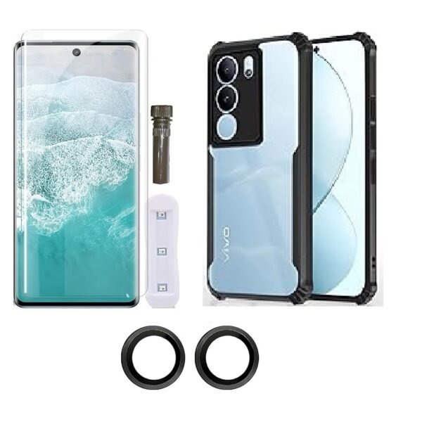 Combo Vivo V29 / V29 Pro 5G Protection | Transparent Eagle Back Cover (Black) + Tempered Glass + Camera Lens Glass