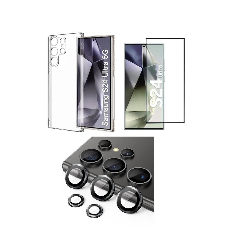 3 in 1 Combo Pack for Samsung Galaxy S24 Ultra – Transparent Cover (Back Cover + Camera Lens Protector + Tempered Glass)