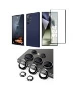 3 in 1 Combo Pack for Samsung Galaxy S24 Ultra 5G – Silicone Blue Cover (Back Cover + Camera Lens Protector + Tempered Glass)