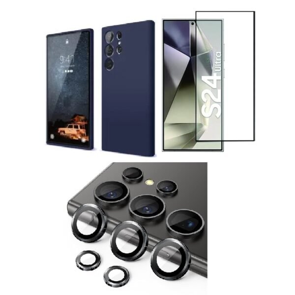 3 in 1 Combo Pack for Samsung Galaxy S24 Ultra 5G – Silicone Blue Cover (Back Cover + Camera Lens Protector + Tempered Glass)