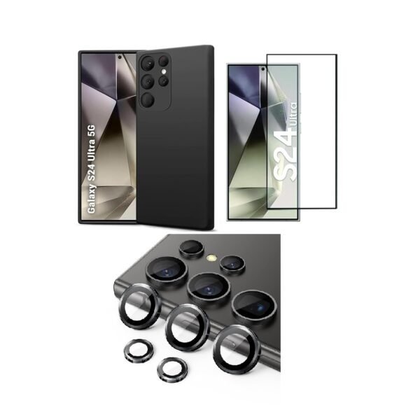3 in 1 Combo Pack for Samsung Galaxy S24 Ultra – Silicone Black Cover (Back Cover + Camera Lens Protector + Tempered Glass)