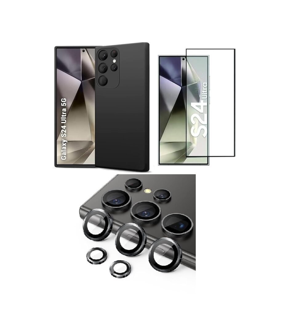 3 in 1 Combo Pack for Samsung Galaxy S24 Ultra – Silicone Black Cover (Back Cover + Camera Lens Protector + Tempered Glass)