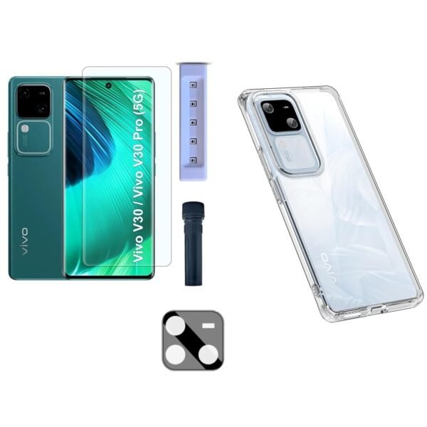 3 in 1 Combo Pack for Vivo V30 Pro 5G – Transparent Cover (Back Cover + Camera Lens Protector + Tempered Glass)